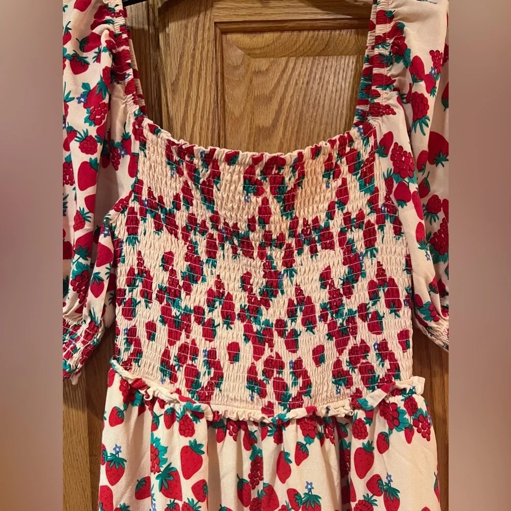 Betsey Johnson Strawberry Fields Smocked Challis Puff Sleeve Milkmaid Maxi Dress